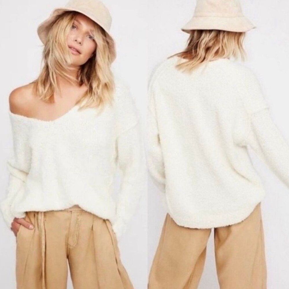 Free People Lofty Off White Alpaca Blend Cozy V-Neck Pullover Sweater M
